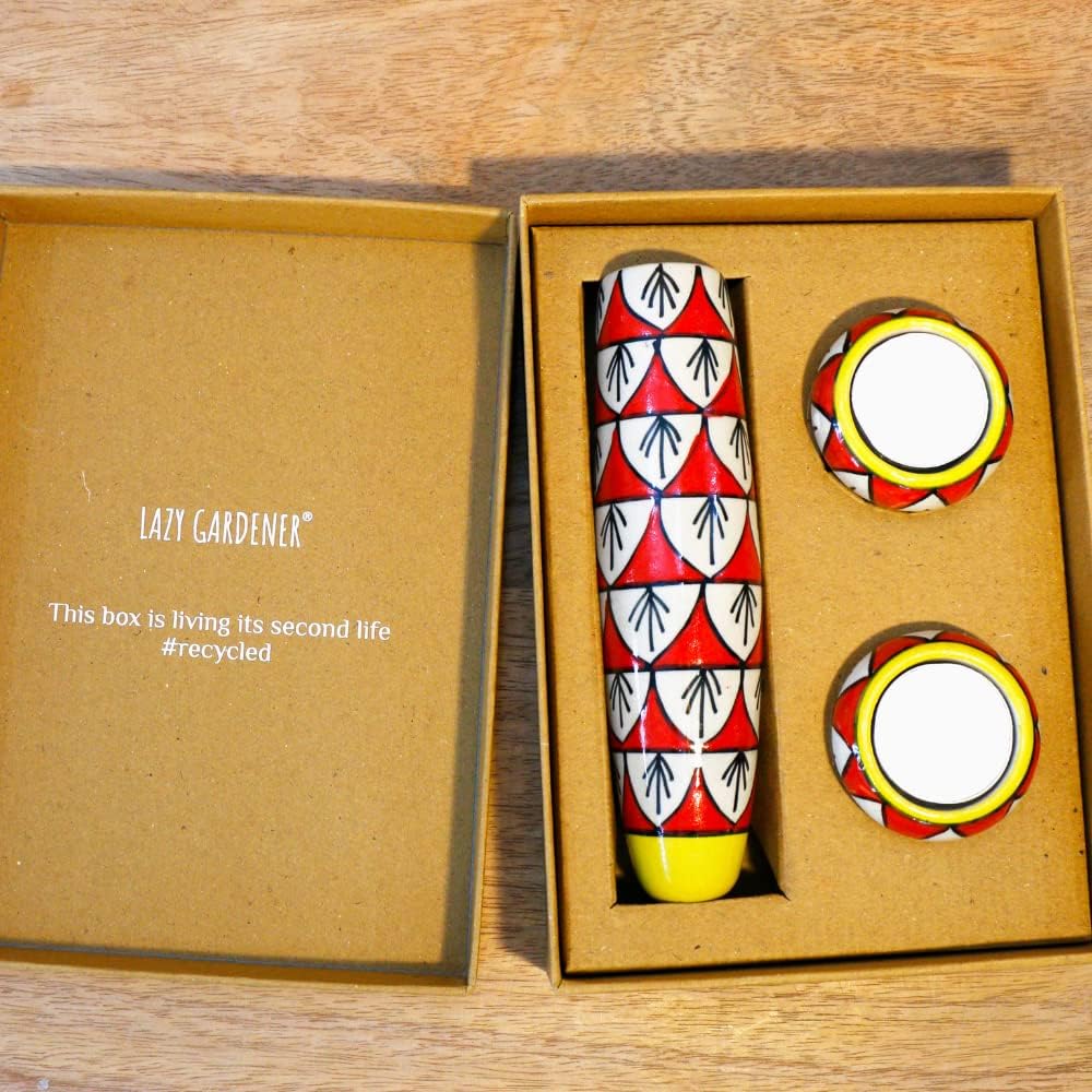 Lazy GardenerLazy Gardener The Good Gift Box Solo: Ceramic Magnetic Planter for Plants Refrigerator, Includes 2 Diya Holders with Rangoli Design, Unique Gift Idea