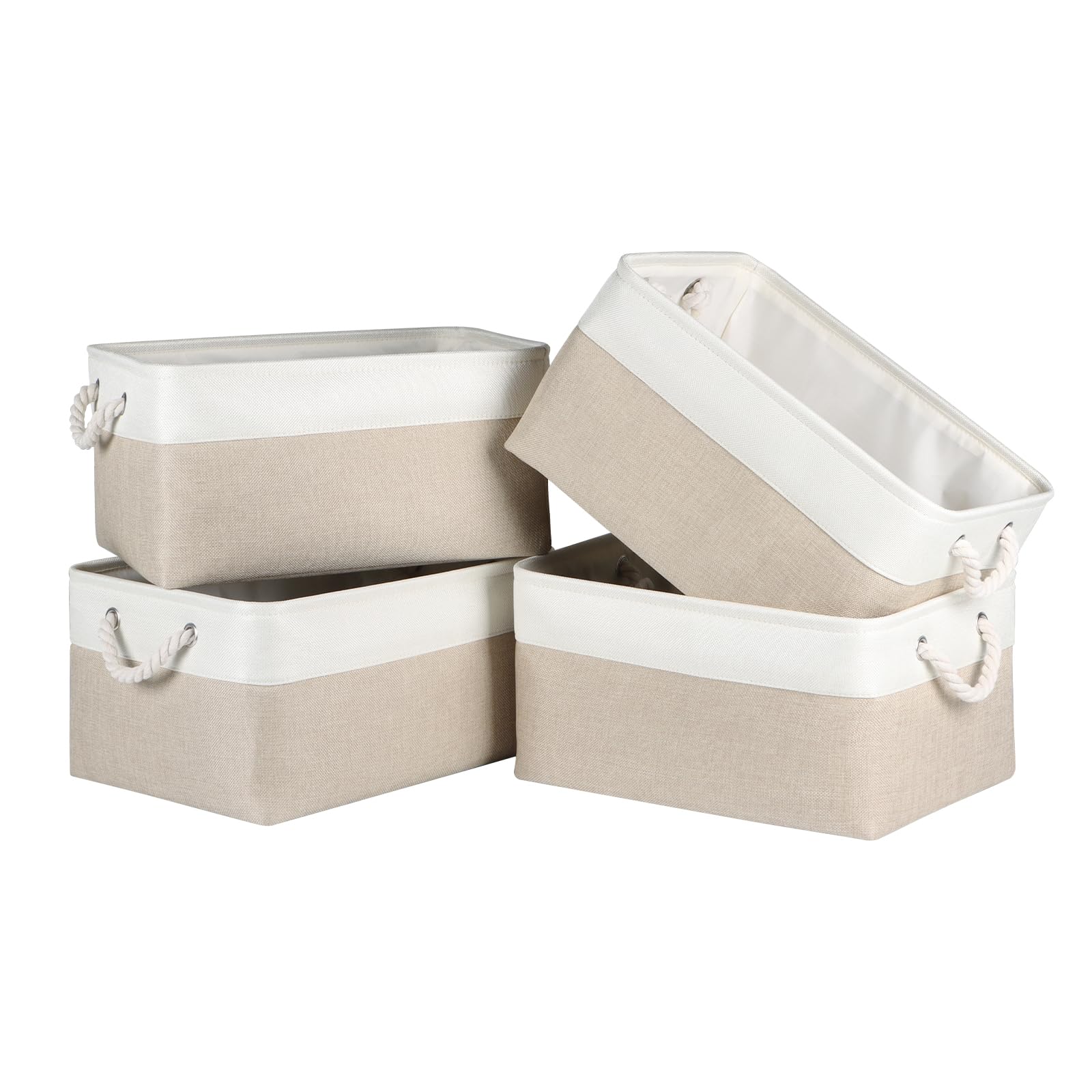 Syeeiex Storage Basket for Shelves [4 Pack], Storage Boxes with Handles, Large Fabric Storage Bins for Organizing Home and Office, White & Khaki