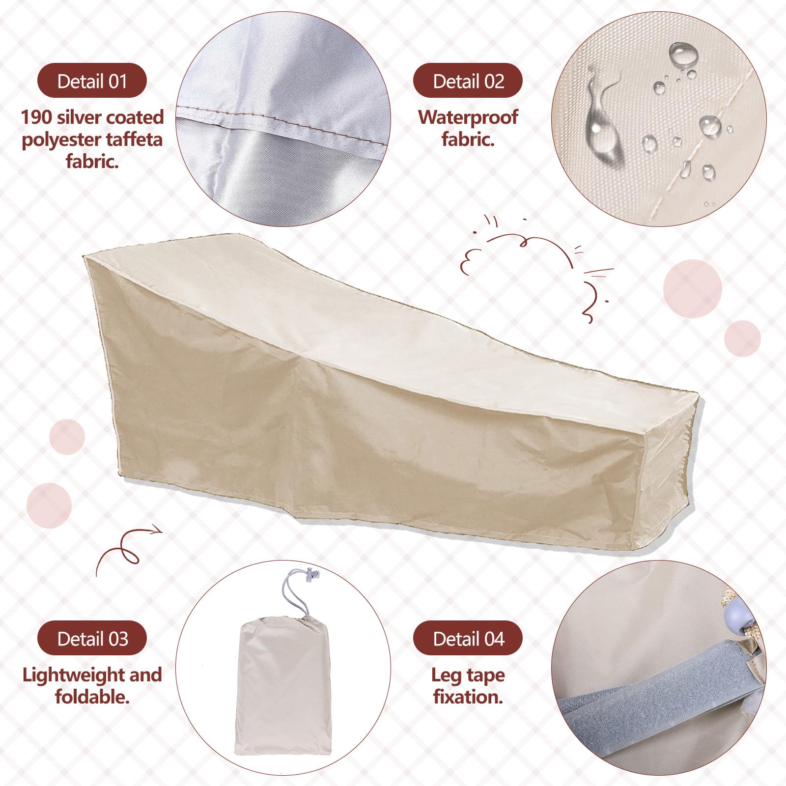 Funda Protectora para Tumbona, Funda Impermeable para Silla de Patio, Funda para Muebles de Jardín a Prueba de Viento de Exterior, 208x76x41cm (Beige)