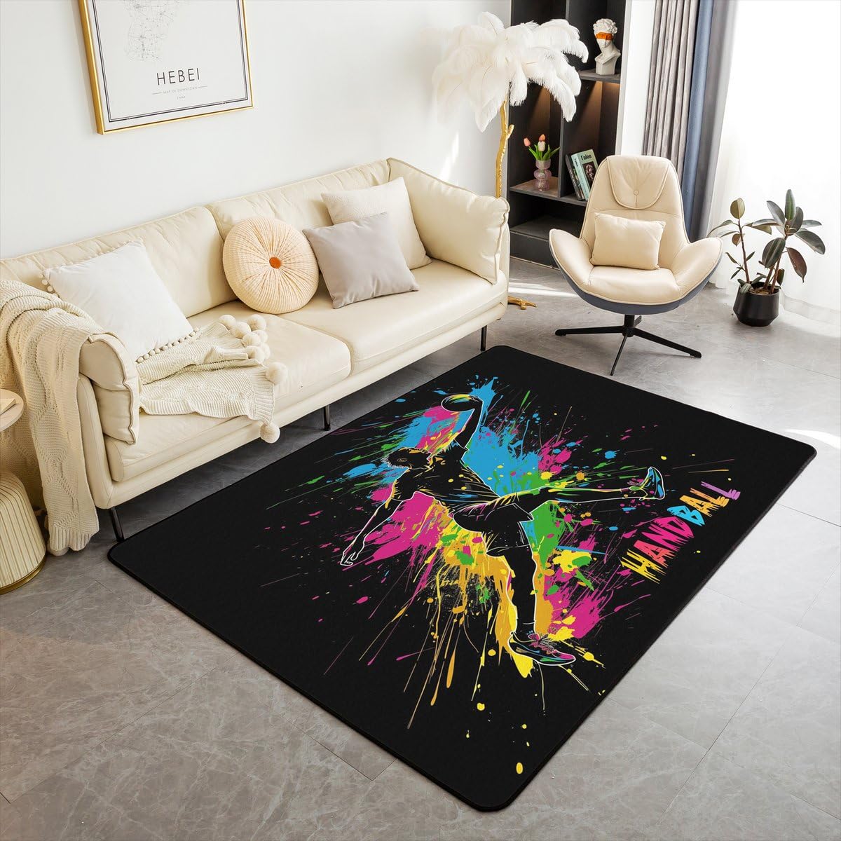 Homewish Tapis Salon 100x150cm Handball,Tapis Chambre Ball Sports,Tapis Sol pour Garçons Filles Graffiti Points Aquarelle Arc-en-Ciel,Décoration D'Intérieur Silhouette D'Athlète Rouge Bleu
