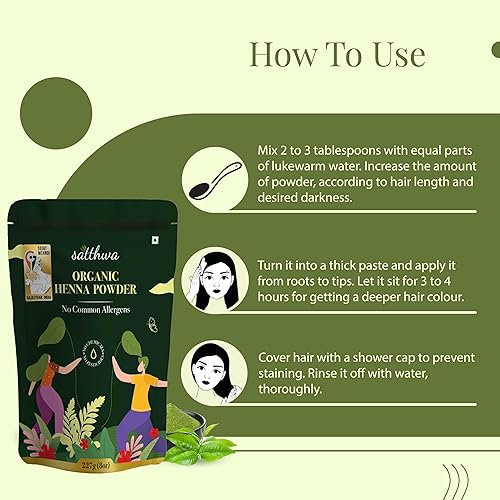 Miniatura 4 de Satthwa Henna en polvo orgánico (polvo Mehndi)  227gm (8oz)  Lawsonia Inermis 100% pura y natural  Henna para enfría el cuero cabelludo, nutre y