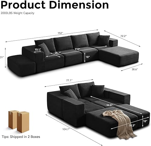 Miniatura 2 de Sofá modular de 152 pulgadas, sofá de pana de gran tamaño, sofá de espuma viscoelástica de 6 asientos profundos, sofá negro con 6 almohadas, sofás
