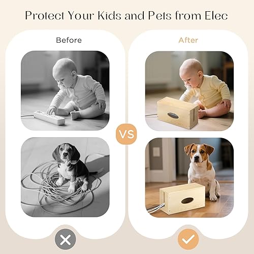 Miniatura 5 de Paquete de 2 cajas grandes de madera de pino, organizador de cables, cubierta organizadora de cables, ocultadores de salida de piso para cables de