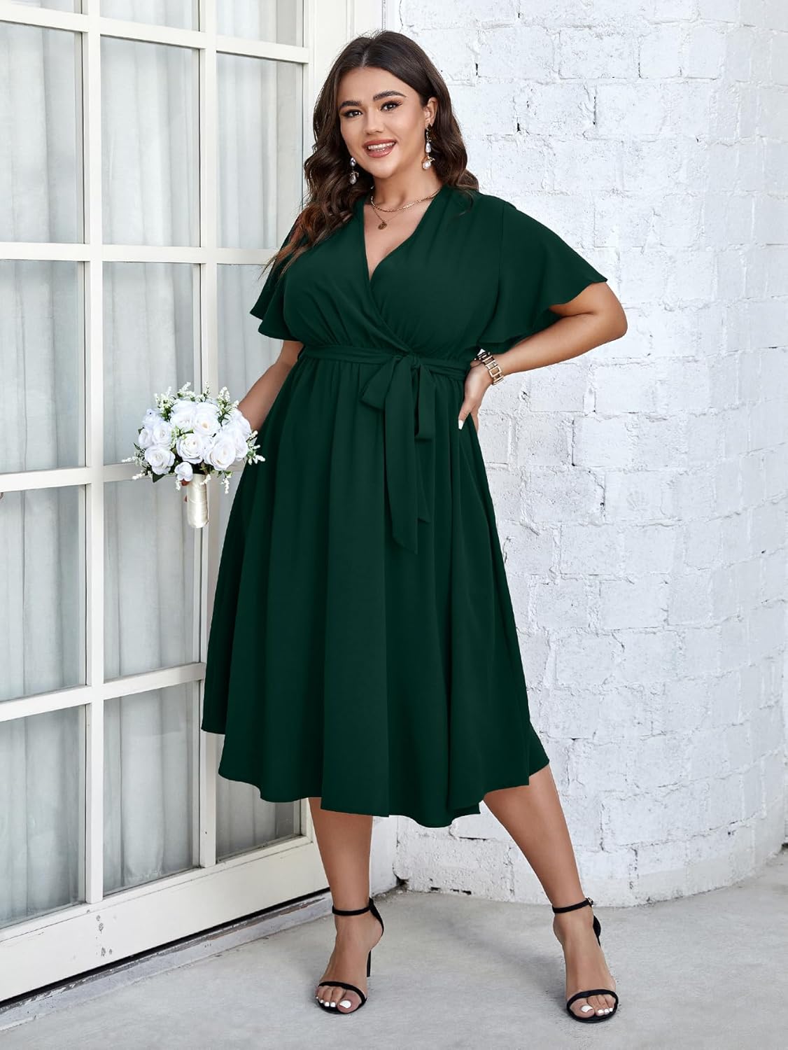 SCOMCHIC Womens Plus Size Wedding Guest Cocktail Midi Dress Summer Short Sleeve Wrap V Neck Belted A-Line Flowy Dress - Image 3