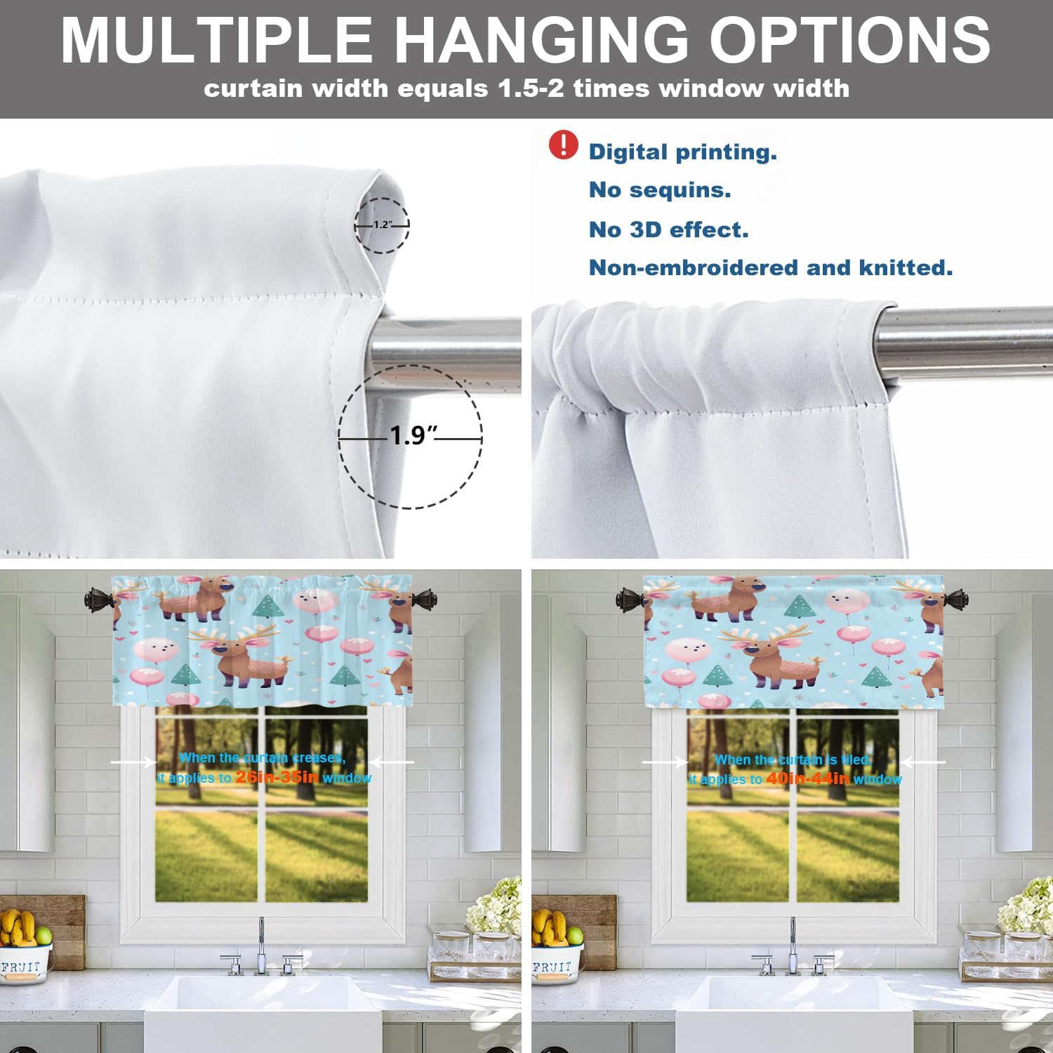 Batmerry Christmas New Year Valance Curtains, Elk Cartoon Cute Pink Balloon Window Treatment Kitchen Valances Multilayer Polyester Blackout for Living Room/Bathroom, 2 Pack 52x18 inches