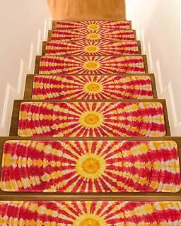 15Pack Non Slip Stair Treads for Wooden Steps Abstract Tie-Dye Art Indoor Washable Pads Self Adhesive Stair Runner Carpets, Red Yellow Dyeing Step Tread Rugs for Elders,Kids,Pets,8x30IN