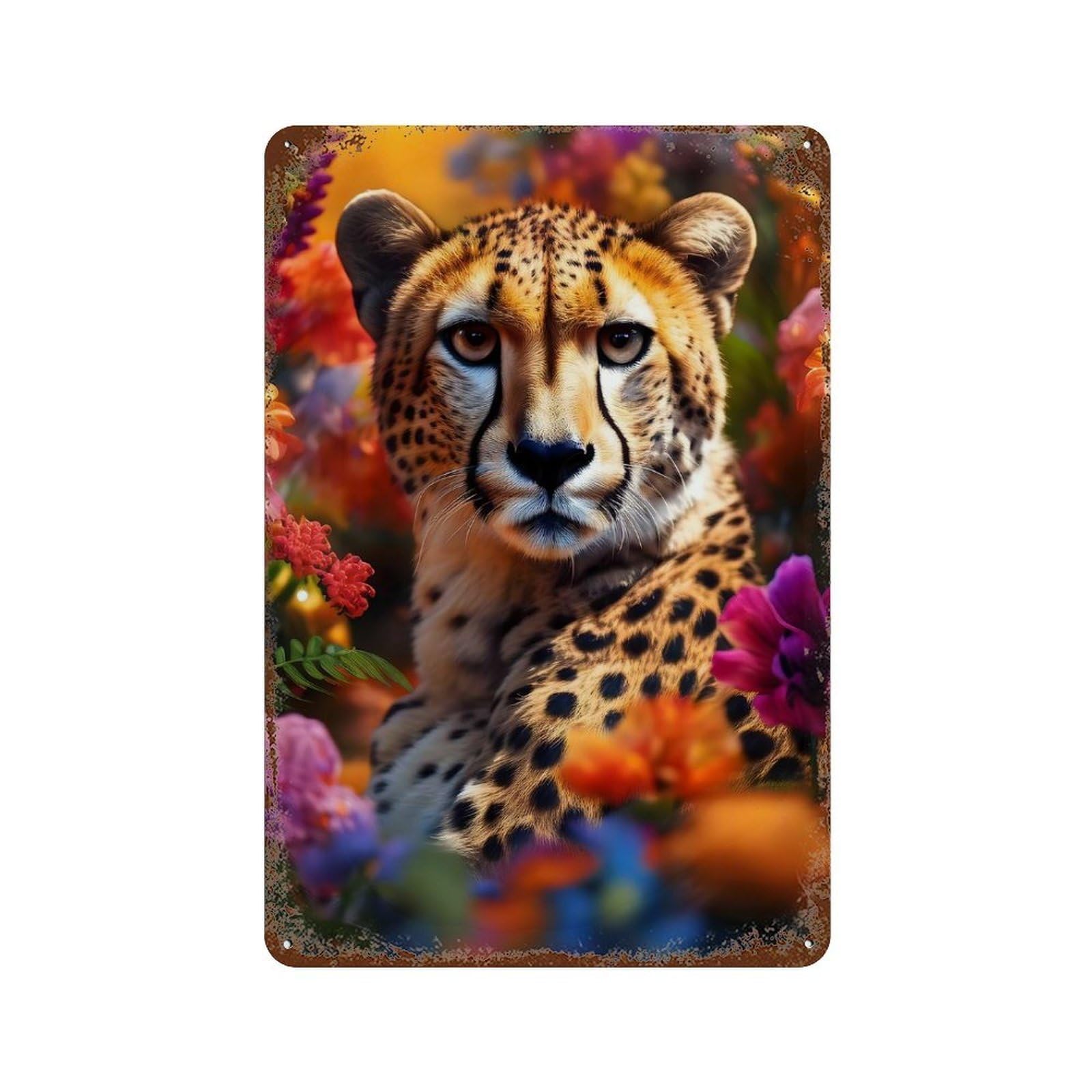 Garage Style Cheetah in Flowers Rust Effect Tin Sign 11.8"x7.9", Vintage Wall Decor for Bar And Workshop