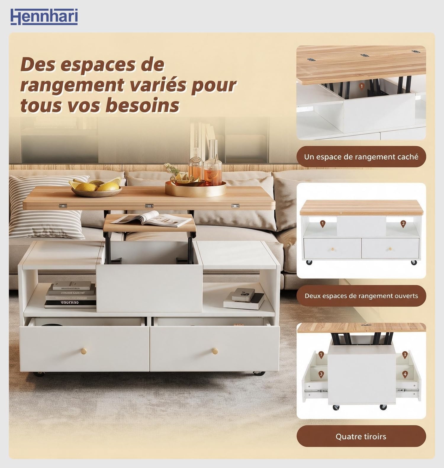 Table Basse Relevable Hydraulique Pliante, 4 Tiroirs et Rangements, sur roulettes, Transformable pour Repas et Travail, Idéale pour Salon Petit Espace (Bois Naturel)