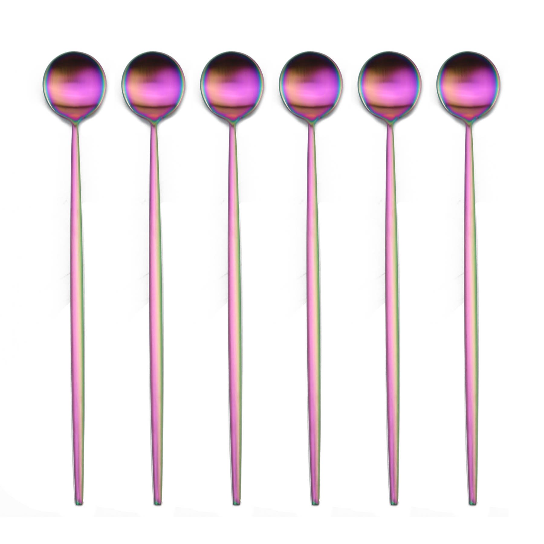 BRIIEC Rainbow 18/10 Stainles Steel Long Handle Ice Cream Spoon, Latte Spoon, Cocktail Stirring Spoons, Matte Finish, Dishwasher Safe, Pack of 6