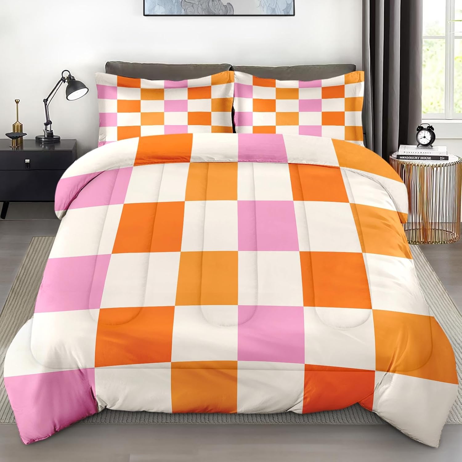 Comforter Set with Pillowcase Twin Size, Pink Orange Plaid Buffalo Checkered, Bed Decor Hippie Retro 70s Geometric Checkerboard Grid for Kids and Adults, Soft Cozy Bedroom Bedding Set