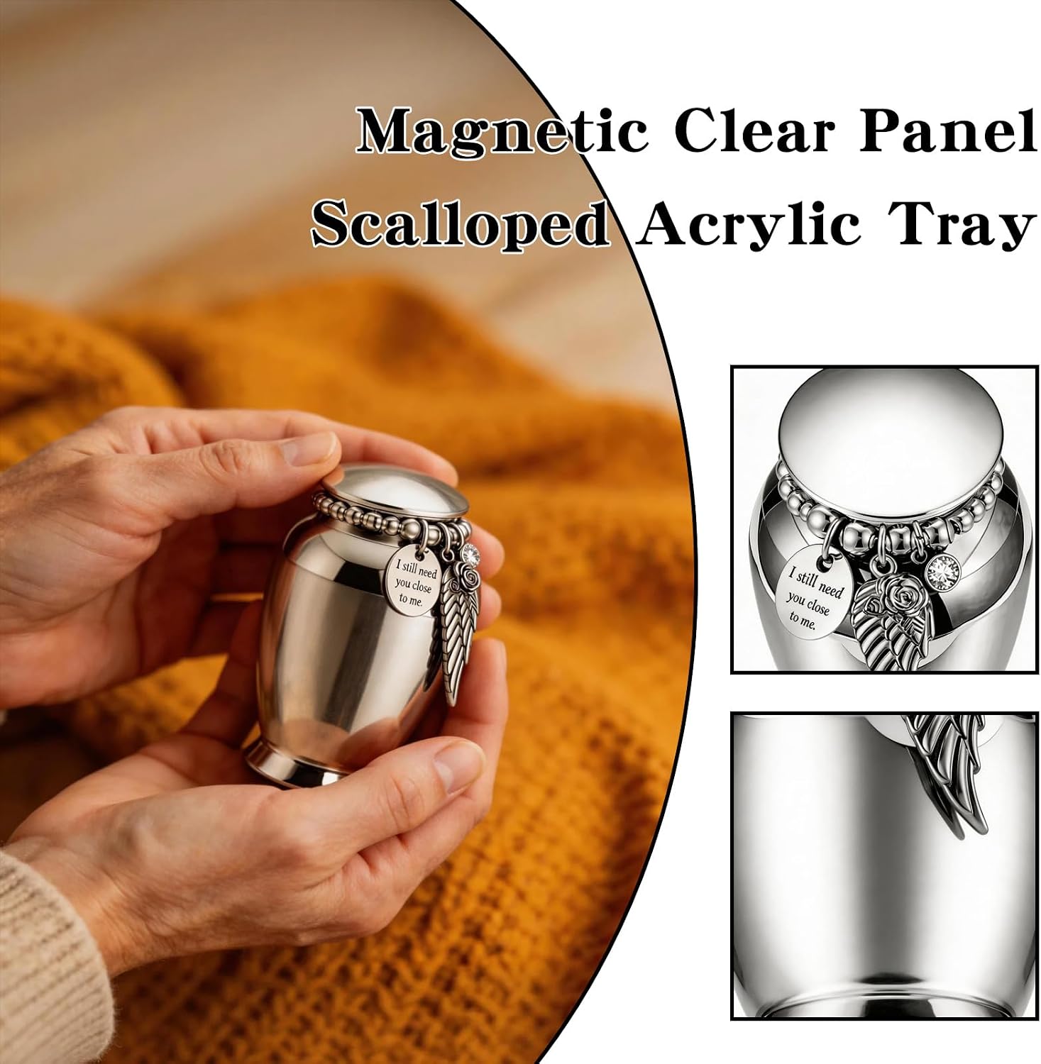 Small Urns for Human Ashes, Small Urn with Angel Wing & Pearl Decor, Memorial Keepsake Urn for Pet & Loved One, Portable Mini Cremation Urn for Ashes Storage