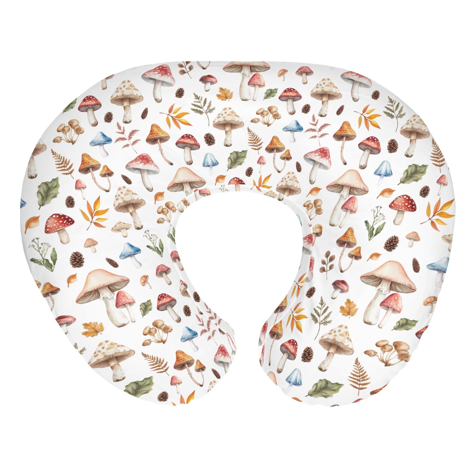 Watercolor Mushrooms Baby Nursing Pillow Covers for Boy Girl Woodland Mushrooms Leaves Nursing Slipcovers for Breastfeeding Pillows Autumn Plant Soft Stretchy Removable Cover for Newborn Infant