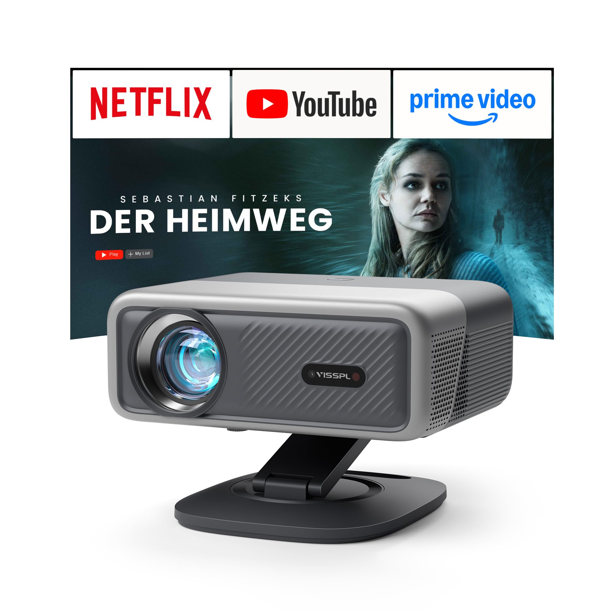 Smart Mini Beamer 4k [Offiziell Lizenzierter APP ] VISSPL 1000ANSI 4K Heimkino & Outdoor Beamer, Autofokus/Trapezkorrektur, WiFi6 Bluetooth Full HD 1080P Video Projektor für Handy/PC