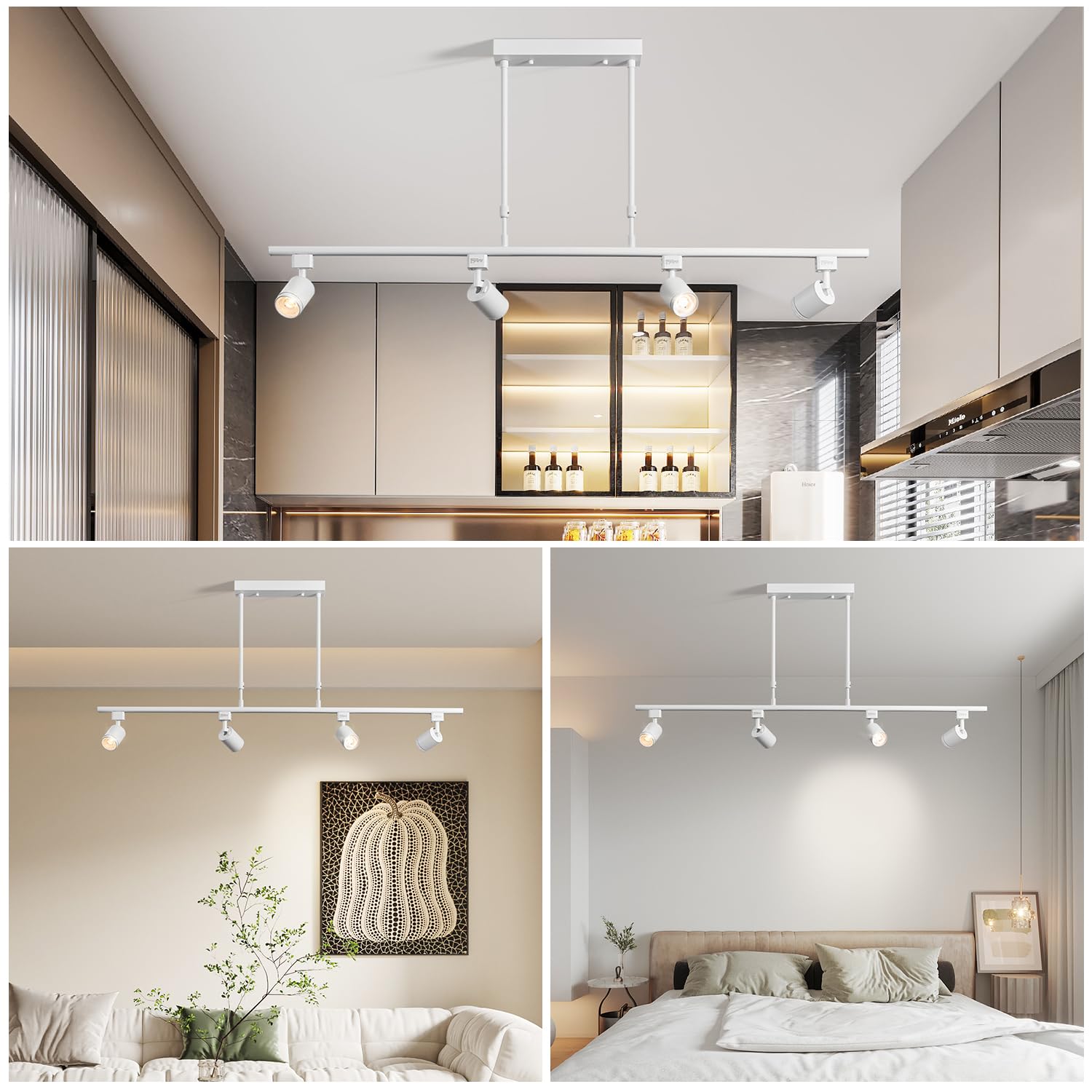 Kit de iluminación LED de 4 luces de pista de luz, luz blanca de 4 vías, cabeza de luz giratoria flexible, luz de pista para cocina, baño, artículos esenciales para el hogar, luz de techo, recámara,