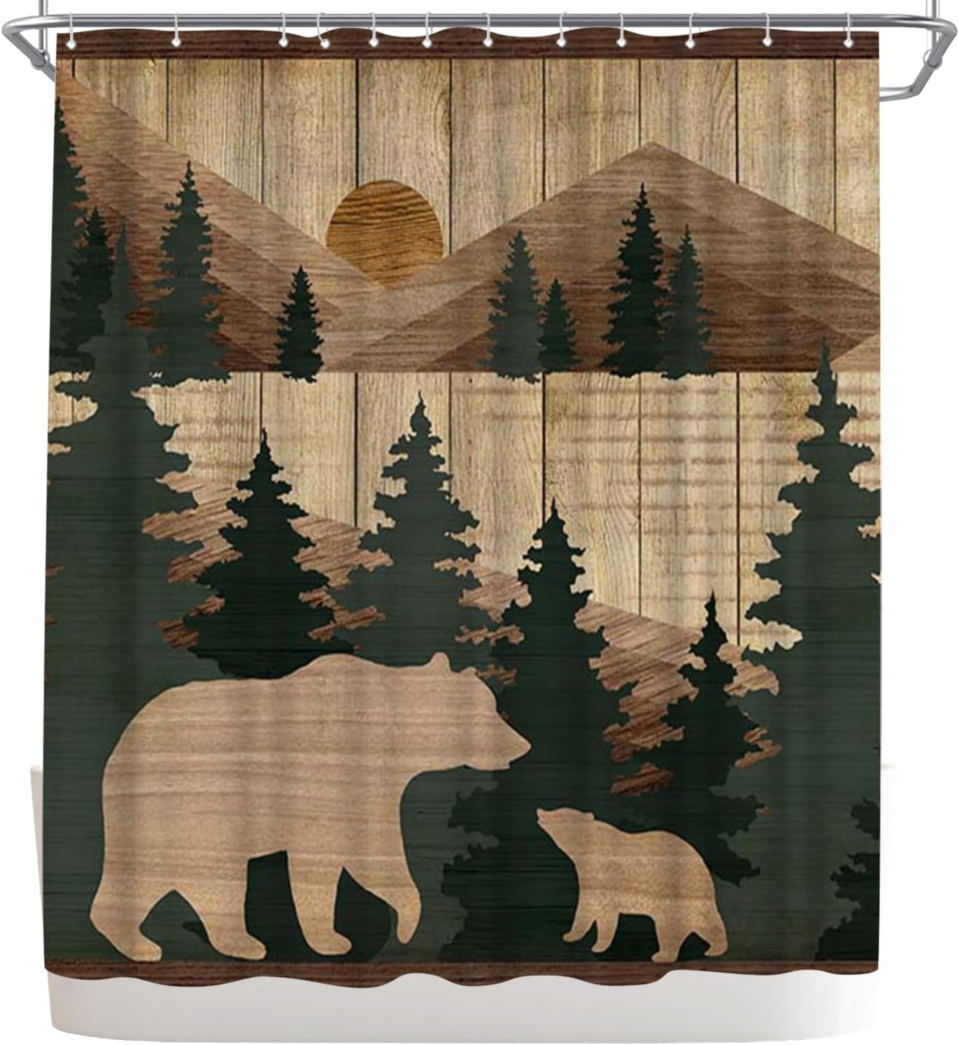 WELMECO Bear Shower Curtain Bear in Nature Mountain Forest Print 72"x72" Rustic Cabin Style Shower Curtain for Bathroom Decor, Polyester Fabric with Hooks