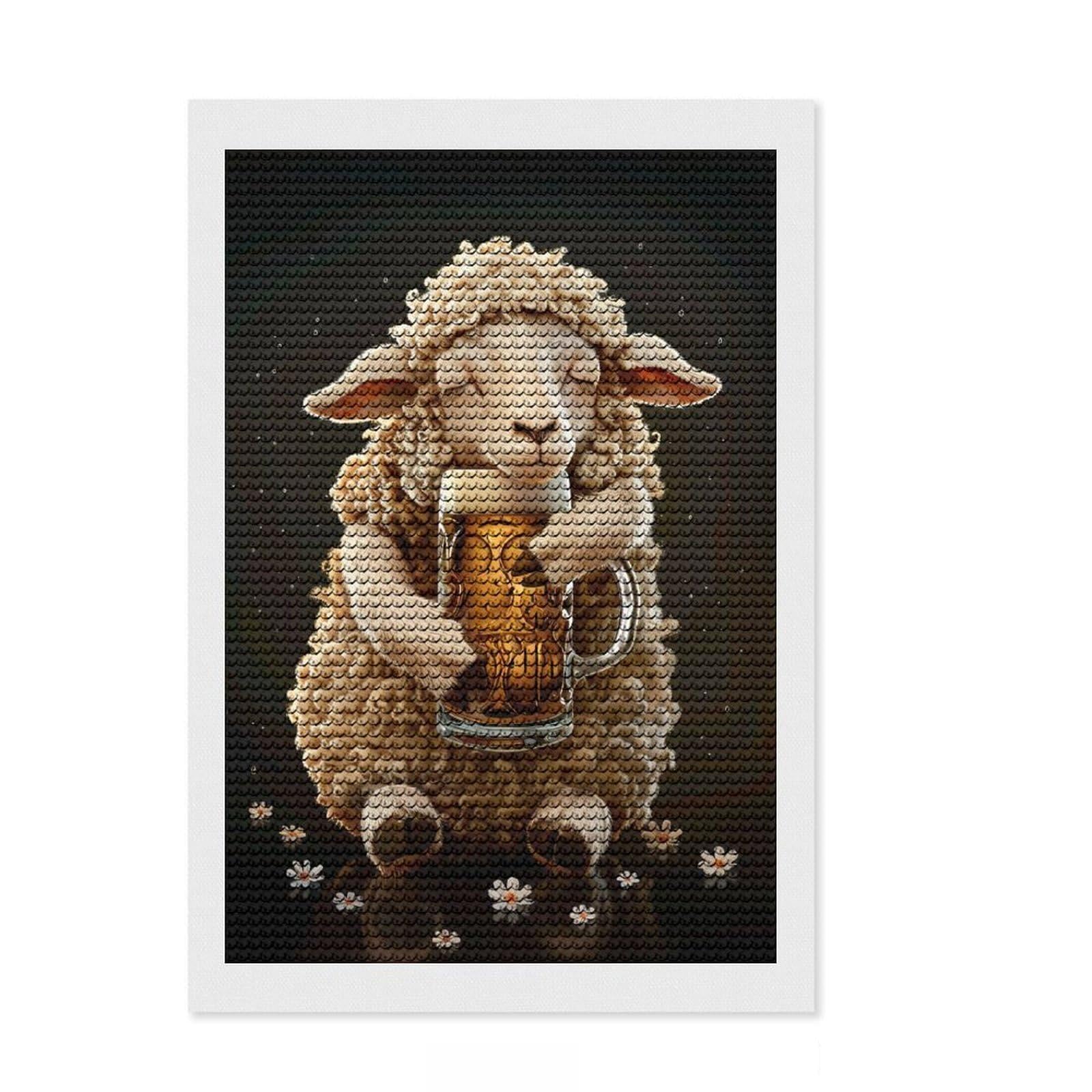 Junmoney Sheep Beer Round Drill Diamond Painting 8"x12", Easy to Follow Symbols, with Tool Kit, Aesthetic Room Decor, Birthday Gift