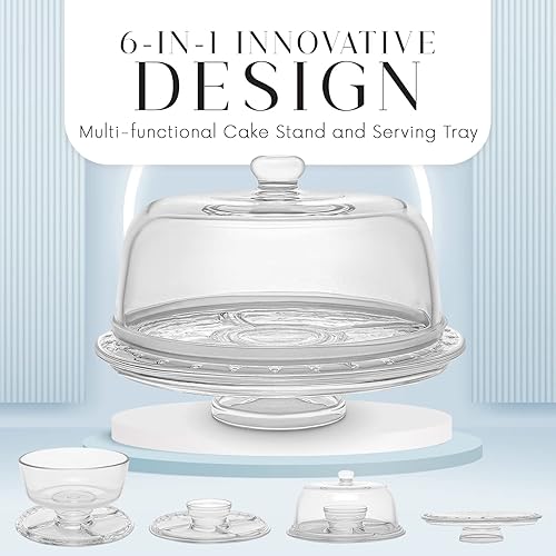 Miniatura 6 de Soporte de vidrio para tartas con cubierta de cúpula (6 en 1) Bandeja multifuncional para servir y plato para tartas, uso como soporte para