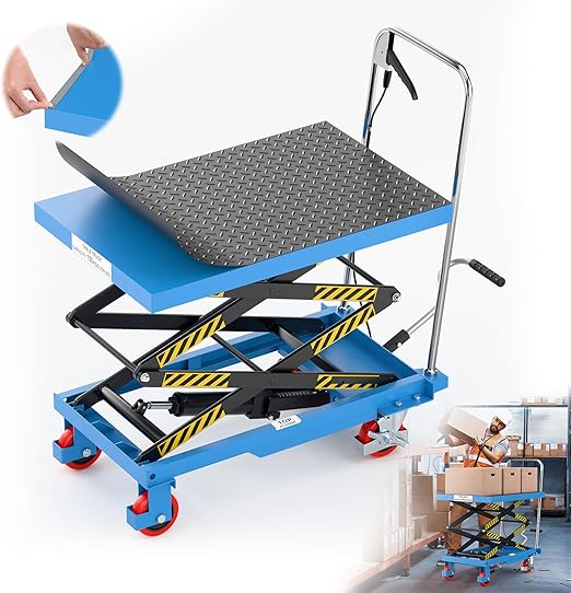Hydraulic Lift Table Cart, Double Scissor Lift, 330 Lbs Capacity, 50" Height with Non-Slip Pad, 4 Safety Bumper PU Wheels, Ideal for Home, Garage, Supermarket, Factory, Warehouse, Construction