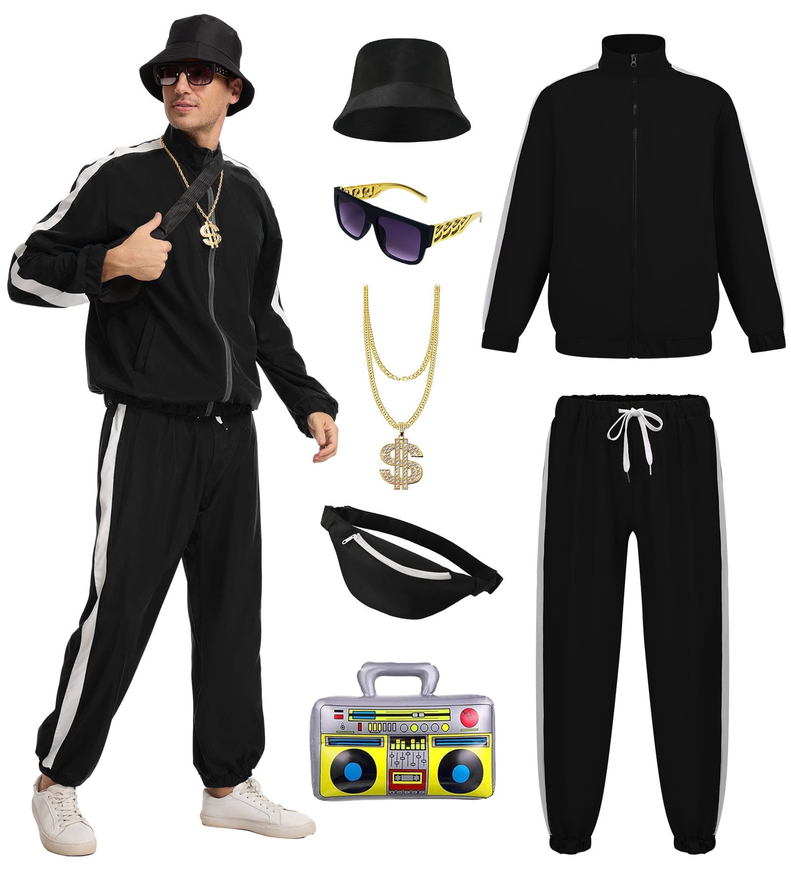 FSUJWOA 80s Outfit for Men 90s Track Suit with Hip Hop Costume Accessories Set for Halloween Themed Party (Black, XL)
