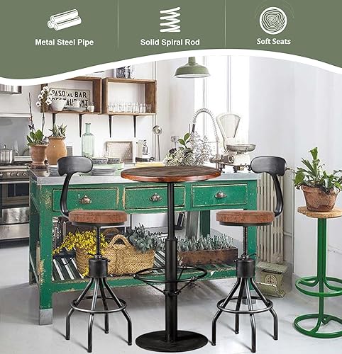 Miniatura 10 de LOKKHAN Juego de 2 taburetes de bar industriales rústicos, de 24 a 30 pulgadas, de metal, ajustables, giratorios, con parte superior de madera,
