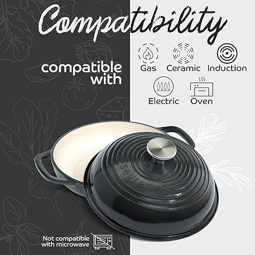 Miniatura 4 de Segretto Cookware Pan de hierro fundido esmaltado con tapa, horno de pan negro de 11 pulgadas (negro) horno de pan fundido de hierro fundido para