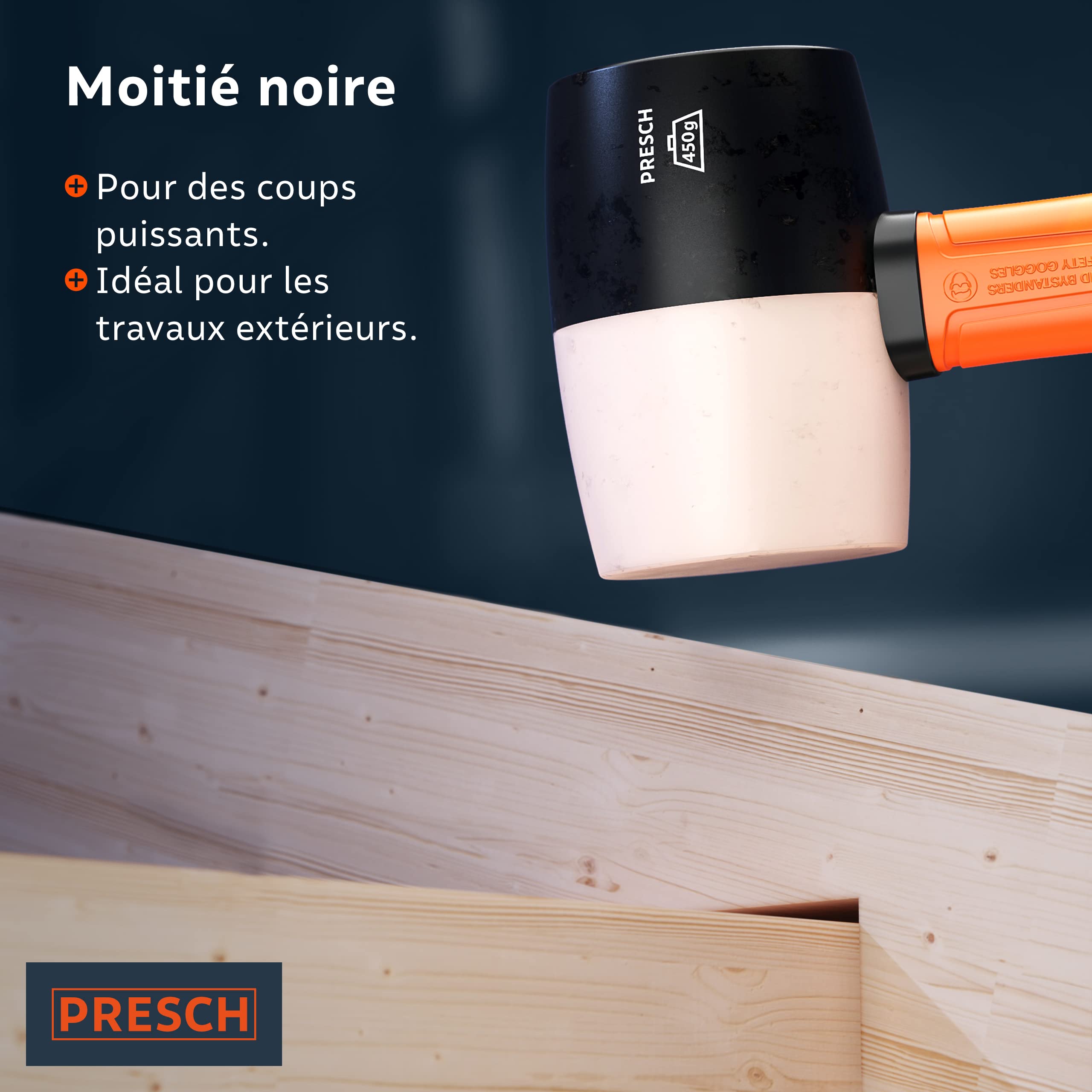 Presch Maillet caoutchouc noir/blanc 450g - Maillet caoutchouc avec manche en fibre de verre | ⌀=55mm - Marteau polyvalent à deux faces