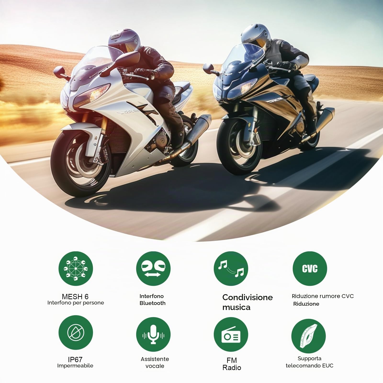 EJEAS Q8 Mesh 3.0 Sistema di Comunicazione Interfono Moto, Interfono Casco Moto Bluetooth 5.1 con Riduzione del Rumore CVC e Condivisione di Musica per 6 Motociclista (Confezione da 1)