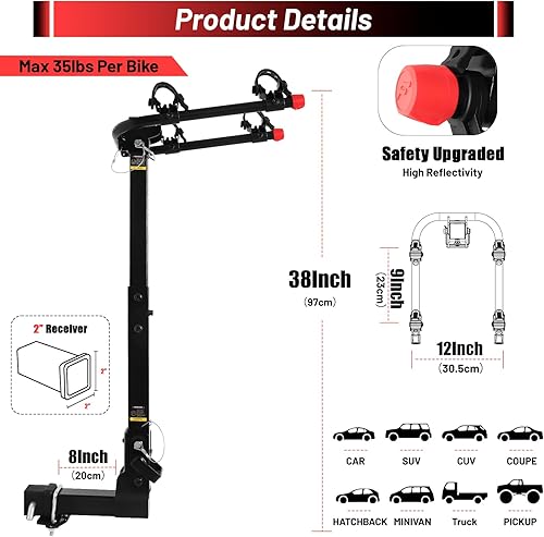 Miniatura 2 de Forwode Soporte de enganche para bicicletas de 2 x 35 libras, soporte de enganche de bicicleta para automóvil, plegable, sin tambaleo, bloqueo de