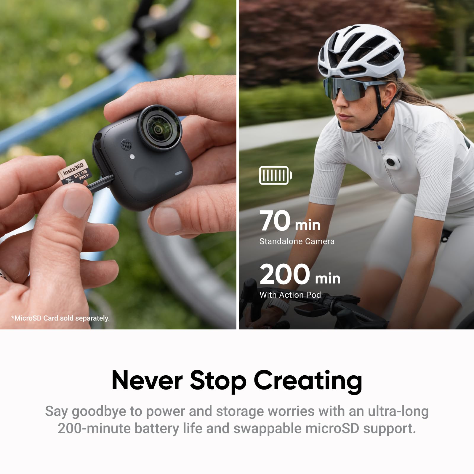 Insta360 GO Ultra Pack do biegania Biały Arktyczny – ultralekka i przenośna kamera 4K wolne ręce, stabilizacja FlowState, najwyższa wydajność przy słabym świetle, 200 min autonomii, jazda na rowerze
