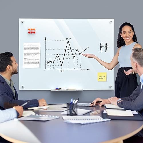 Miniatura 5 de MaxGear Pizarra blanca de vidrio de 48 x 36 pulgadas para montar en la pared, pizarra blanca magnética con 1 borrador, 1 bandeja de accesorios, 4