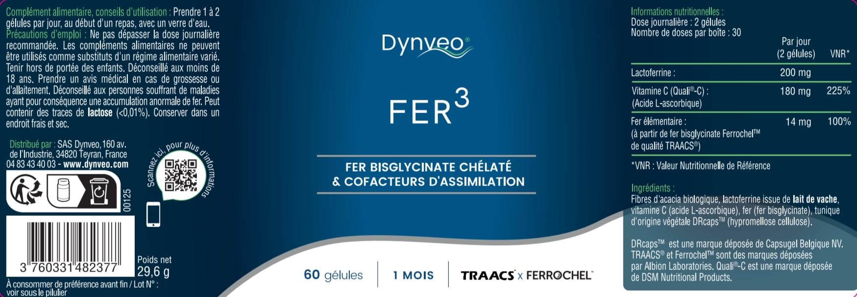 Complexe Fer Vitamine C - Système Immunitaire, Fatigue - Fer Bisglycinate, Lactoferrine, Vitamine C - Forme Naturelle - Haute Assimilation & Biodisponible - 60 Gélules Végétales (1 à 2 Mois) - Dynveo