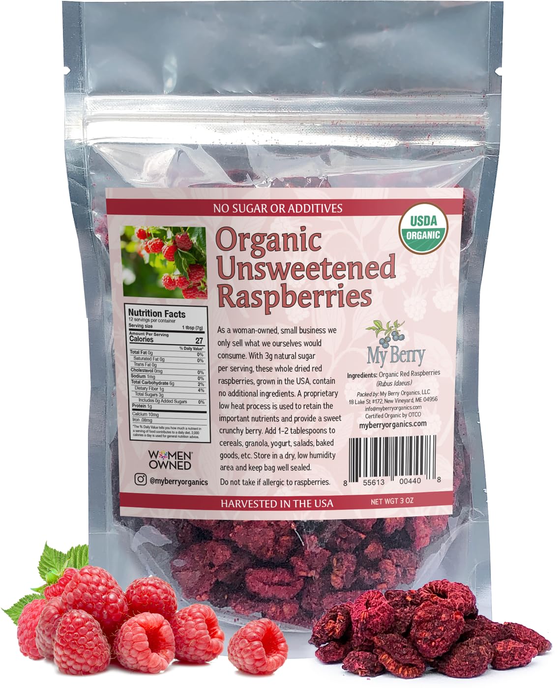 Organic Unsweetened Dried Raspberries by My Berry | USA Grown | 3oz | Low Heat Dried | No Added Sugar/Additives | Crunchy