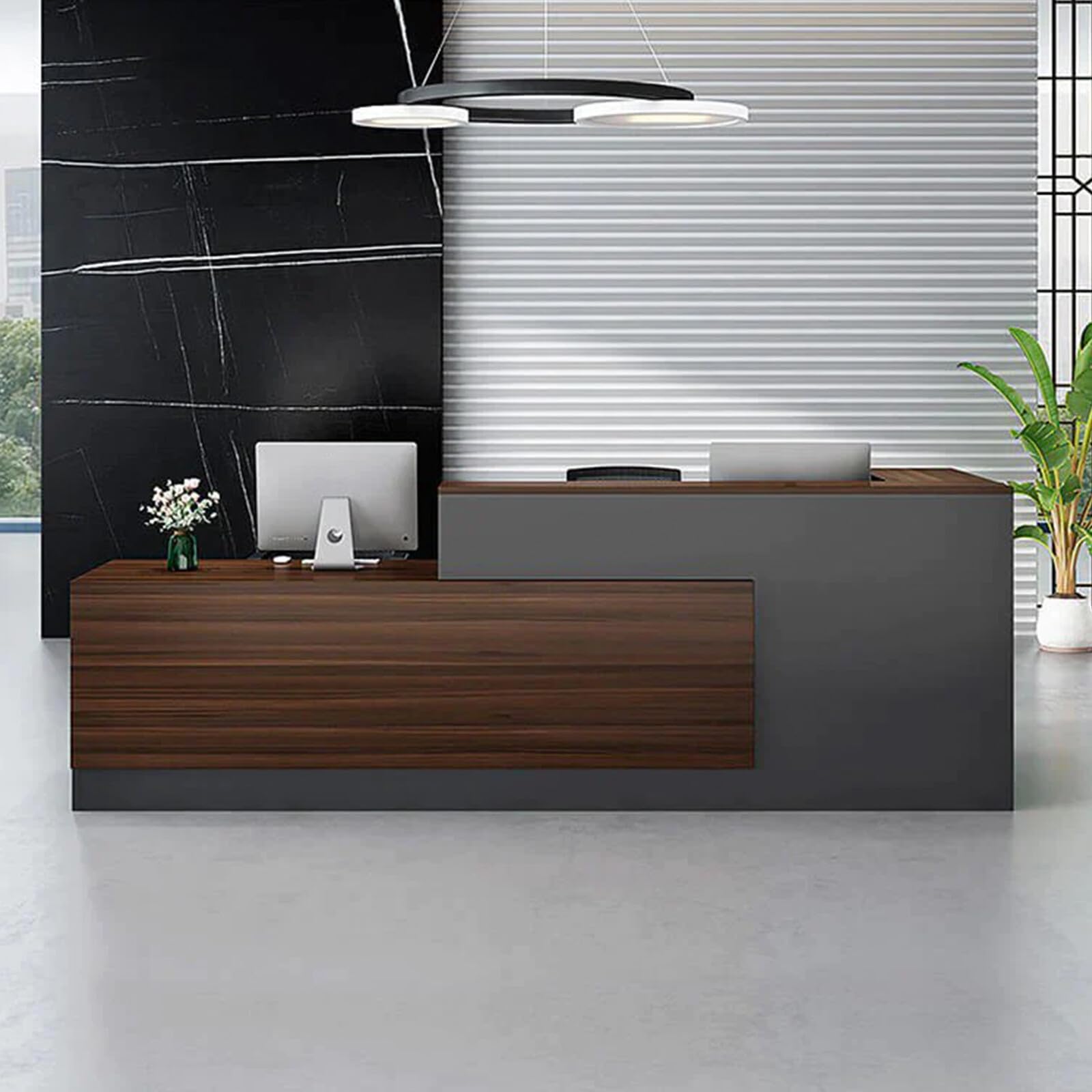 Modern L-Shaped Reception Desk with Hutch, Reception Counter Table, Lockable Drawer Door Cabinet, Office Wooden Computer Front Desk (Walnut+lron Gray-Right Cabinet, 86.61"L*23.62"W*41.34"H)