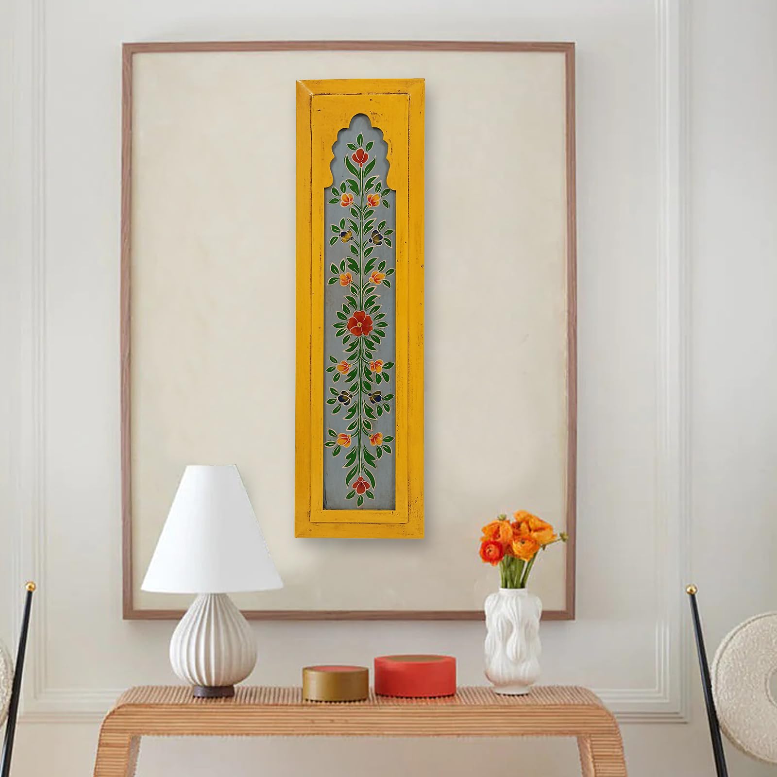 DESERT ART Craft Tree MDF Wall Hanging Decorative Showpiece Frame, Yellow Jharokha Style Vertical Wall Décor for Home & Office, Size L7 x B1 x H25 Inch (Yellow)-image-27