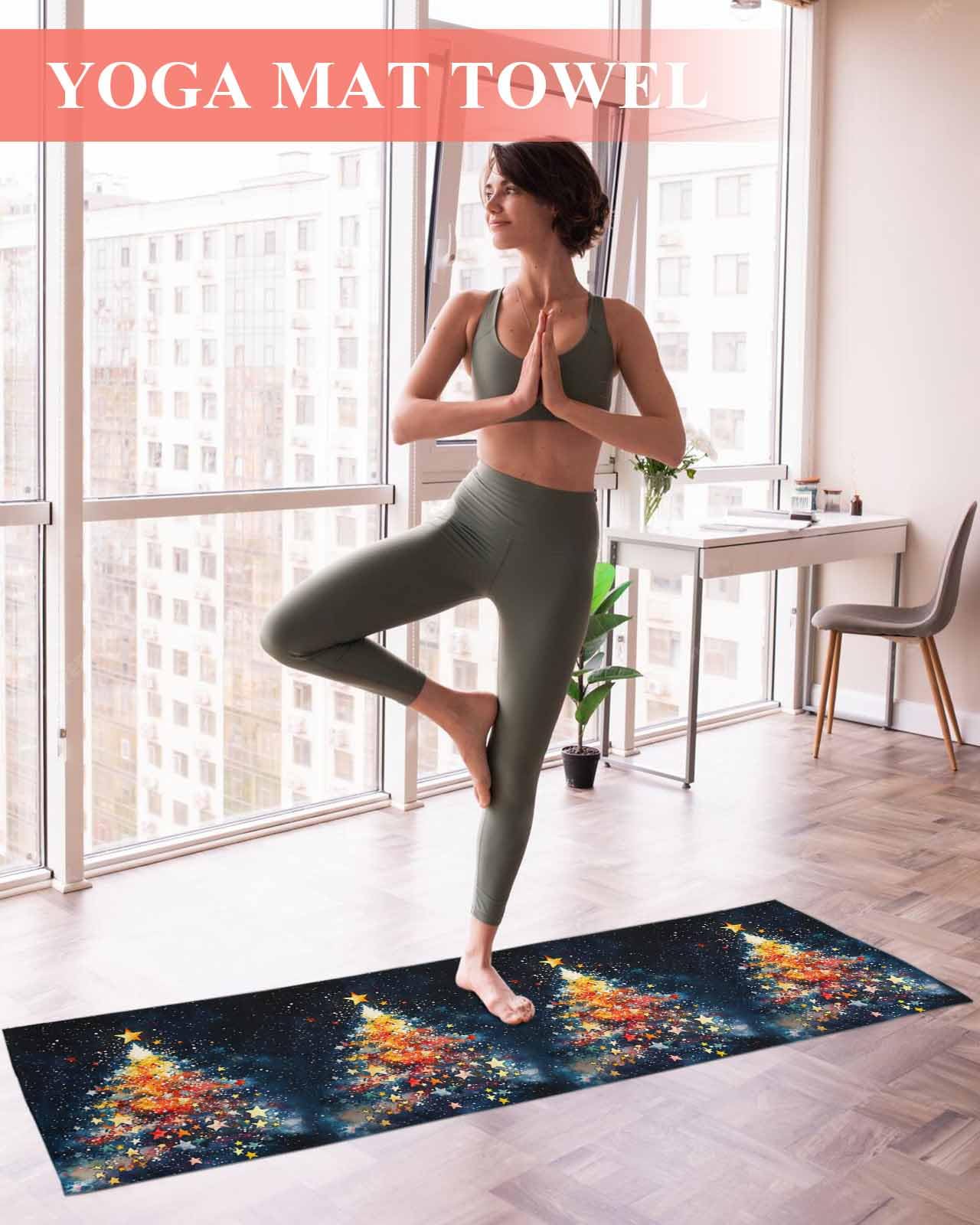 DecorLovee Yoga Mat Towel for Hot Yoga, Christmas Absorb Sweat Microfiber Yoga Towel Non Slip Yoga Mat Towel with 4 Corner Pockets for Bikram, Pilates, Xmas Tree Snowflake Classic Black 26