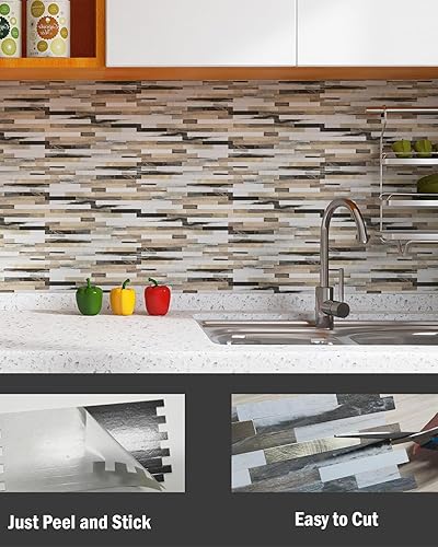 Miniatura 3 de KASARO 20 hojas de azulejos para salpicaduras de cocina, mármol marrón blanco con azulejos de rayas adornadas de oro vintage, azulejos de mosaico de