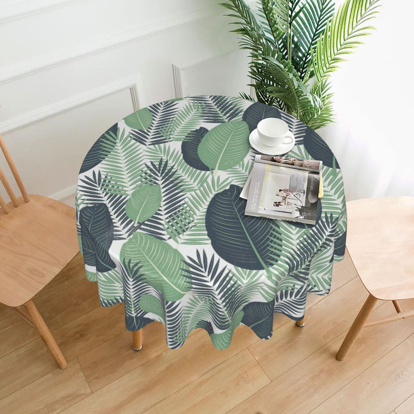 SDEGTHO Green Tropical Leaves Print Modern Retro Round Tablecloth 60in Polyester Fabric Cover for Party Dining Table Washable