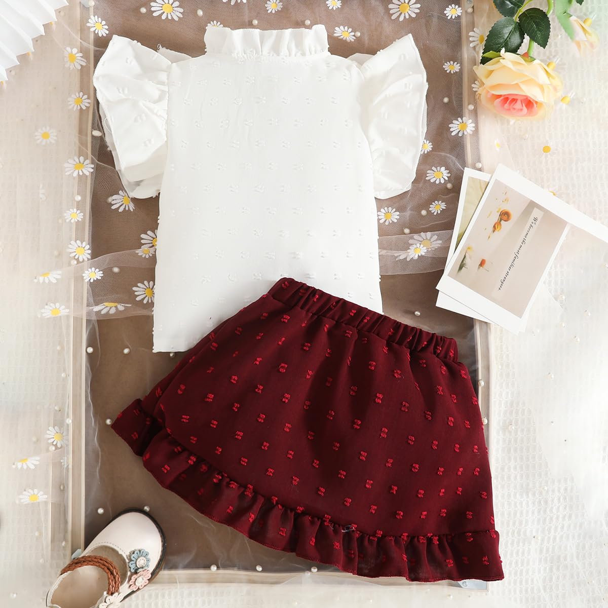 Baby Mädchen Rock Set Rüschen Ärmellose Bluse mit Schleife & Eleganter Schweizer Punkten Rock 2Pcs Sommer Outfit Kleidung