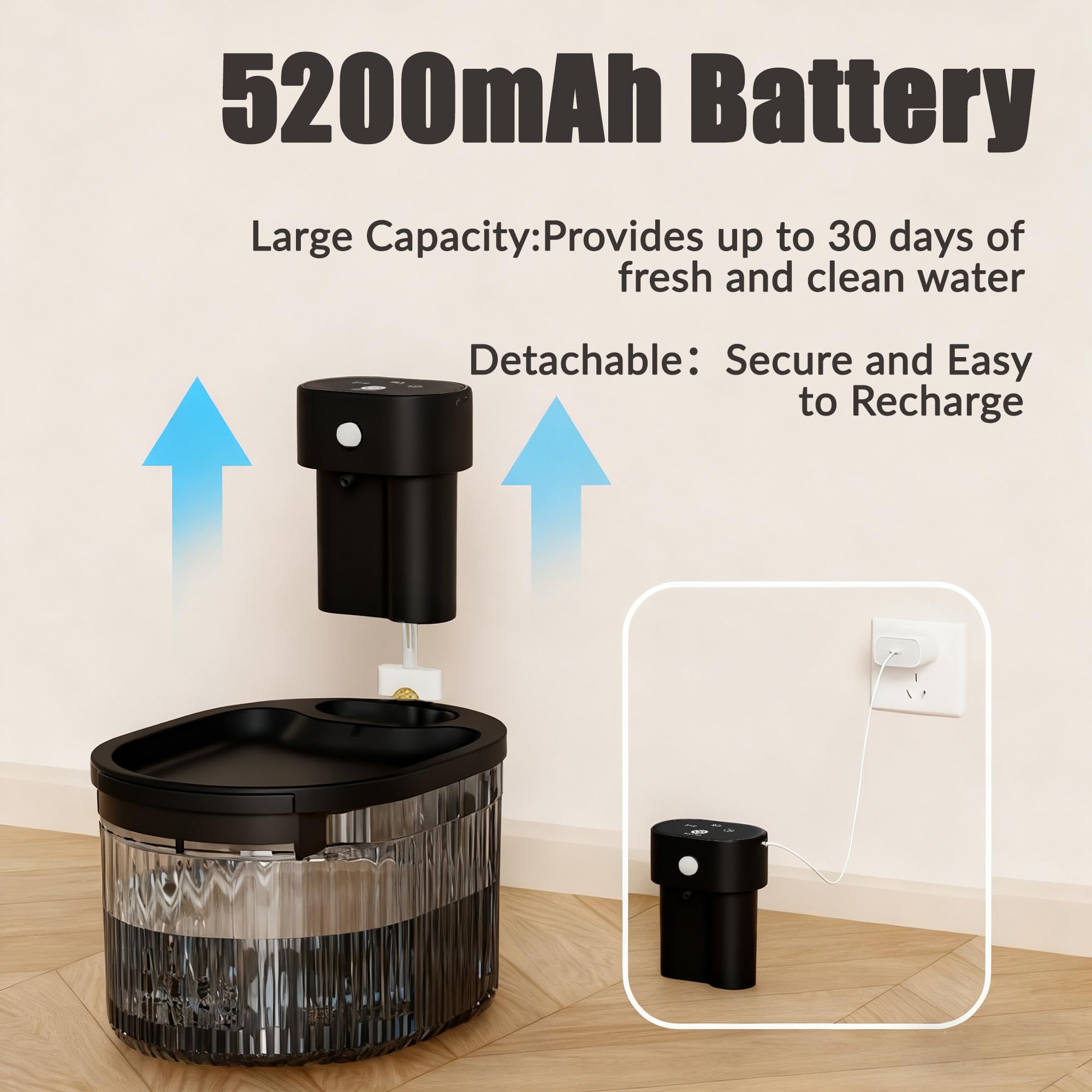 Fontana d'acqua wireless per gatti con sensore di movimento, batteria a lunga durata da 5200 mAh, 3 l, pompa ultra silenziosa, 3 filtri, erogatore automatico di acqua per animali domestici