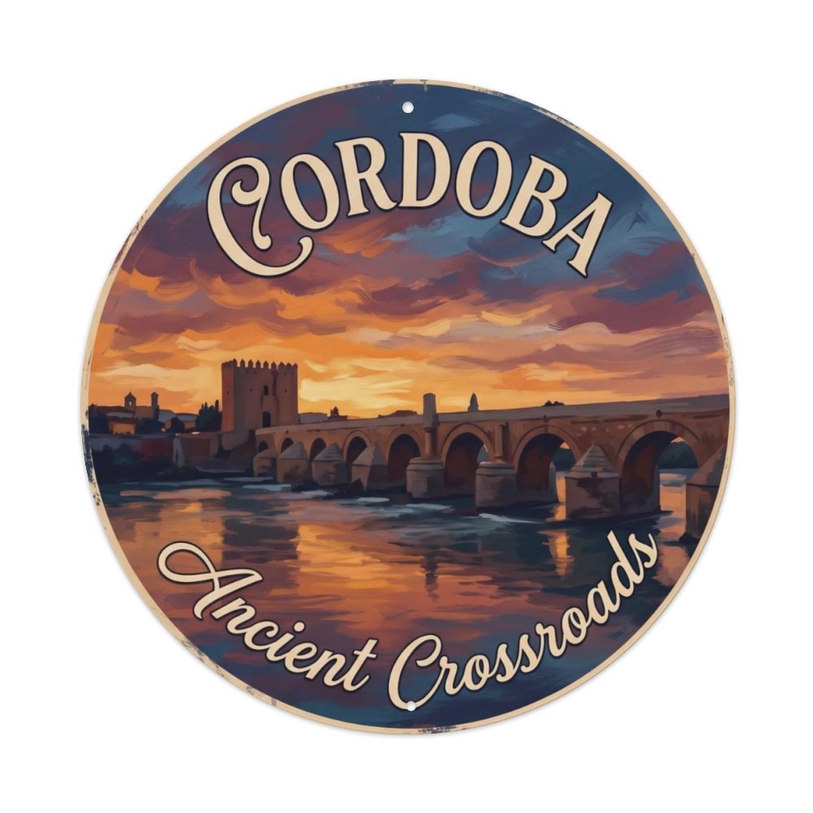 Fqcyn Style Vintage Travel Cordoba Bridge River Metal Tin Sign Plaque Wall Decor For Cafe, Club Bar, Office, Home Garden Round Metal Poster 8X8inch