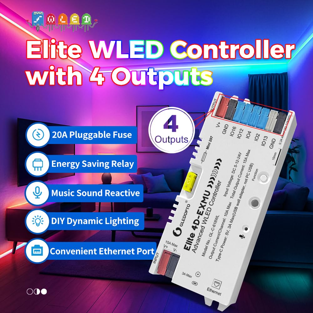 GLEDOPTO Controller LED avanzato a 4 canali, WiFi/Ethernet - 15A Max, con microfono audio e relè, compatibile con WLED per strisce LED RGB ICS WS2812B/WS2815 (bianco)
