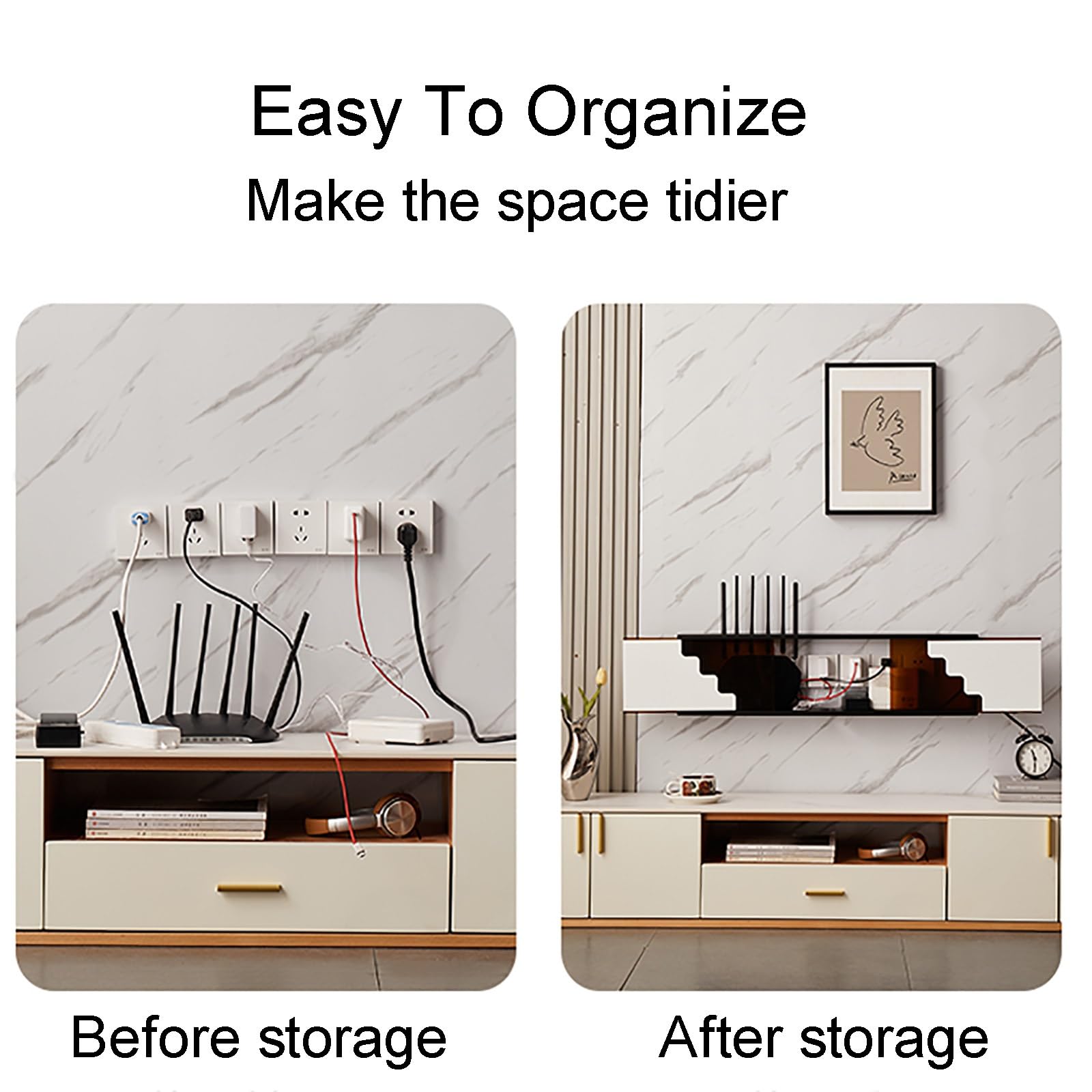 Generisch Wandmontierte Aufbewahrungsbox für WLAN-Router – Kabelorganizer aus weißem Holz und Glas, dekoratives Hängeregal für Zuhause/Zimmer – 50 cm/20 Zoll Steckdosenhalterung