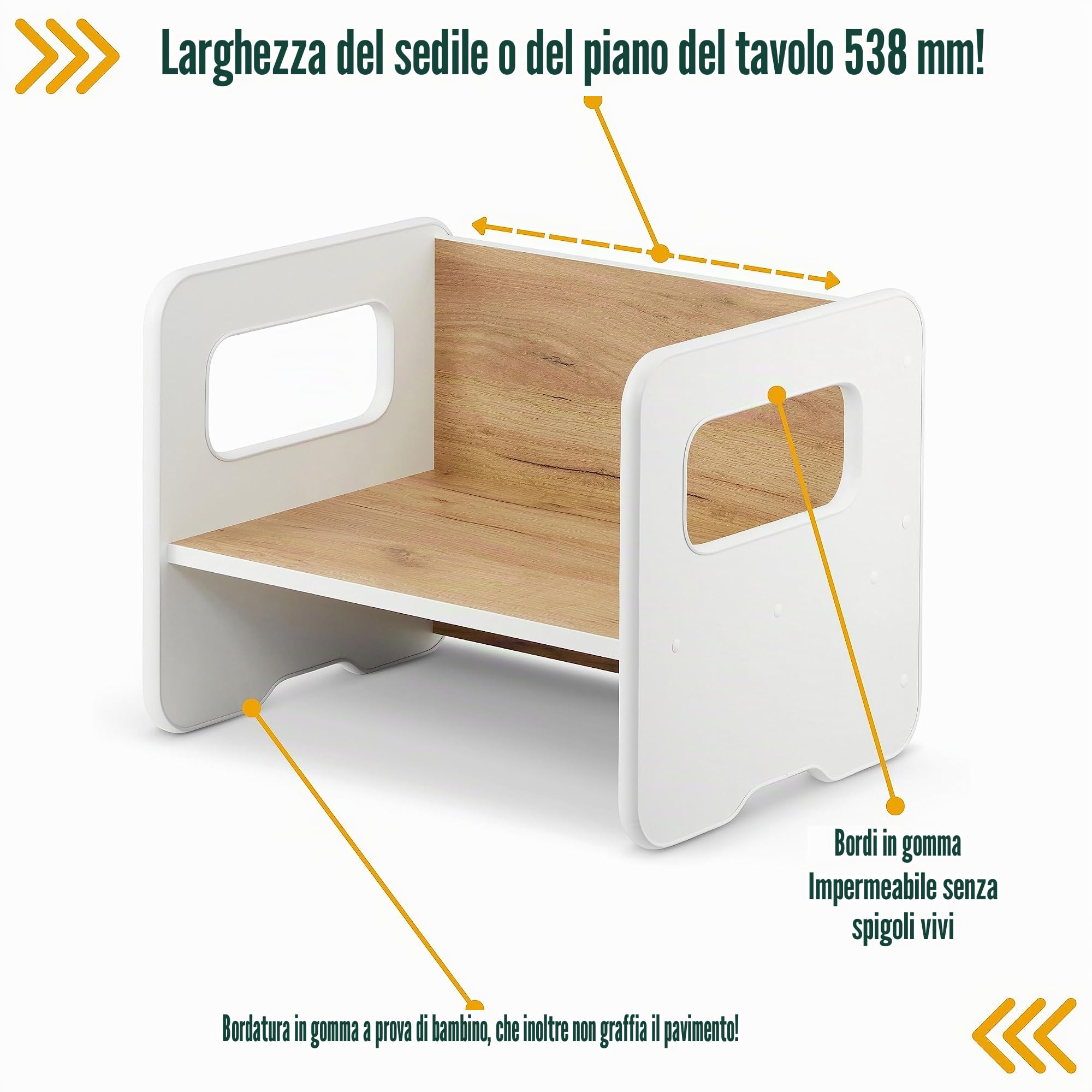 defiPad Panca per bambini multifunzione in legno con 2 altezze e funzione tavolino (Bianco + Rovere)