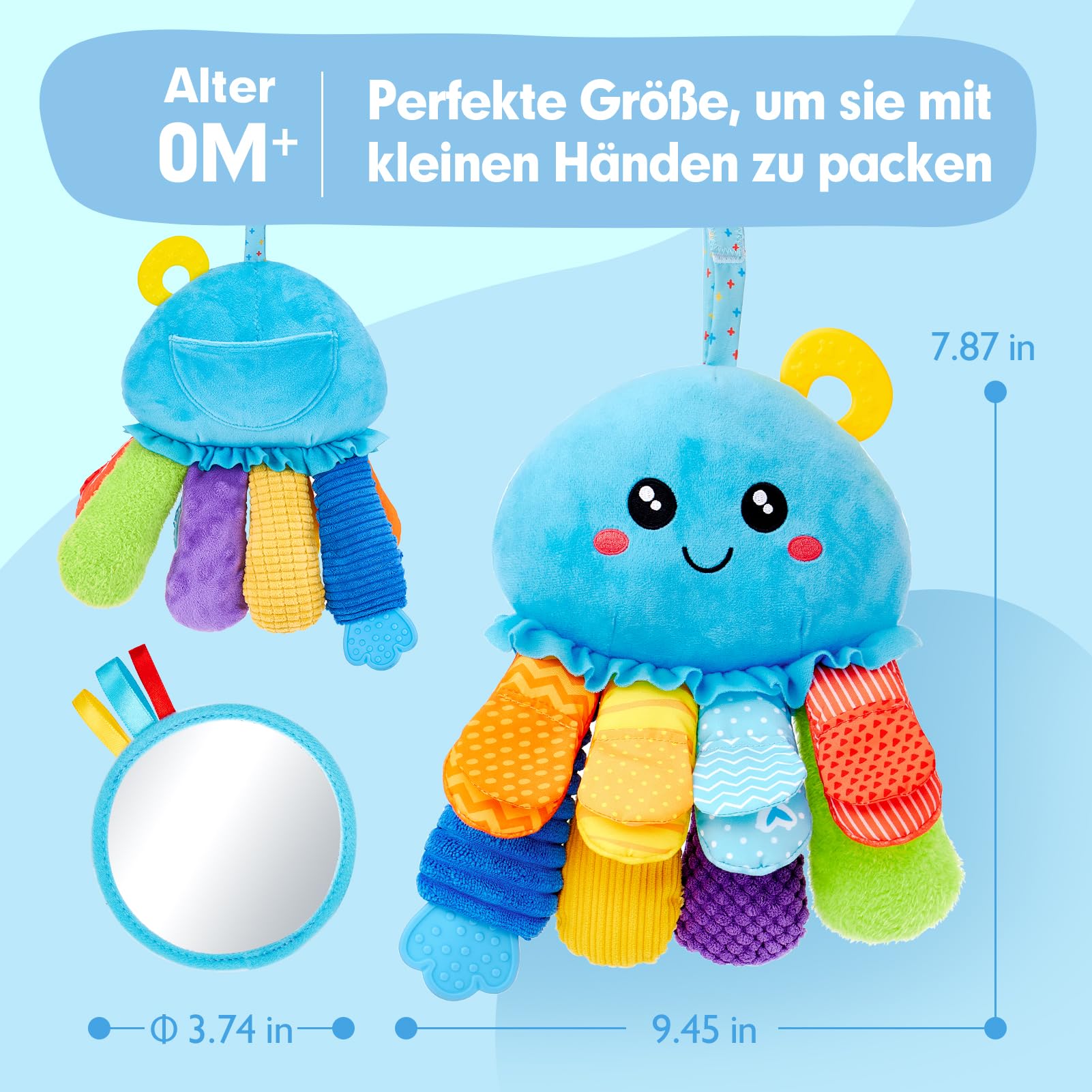 hahaland 2 in 1 Oktopus Baby Sensorik Spielzeug mit Rassel, Spiegel und Beißring, Montessori Greifling ab 0 3 6 Monaten, Neugeborene Geschenk, Bauchlage Spielzeug Tummy Time Toys, Jungen Mädchen