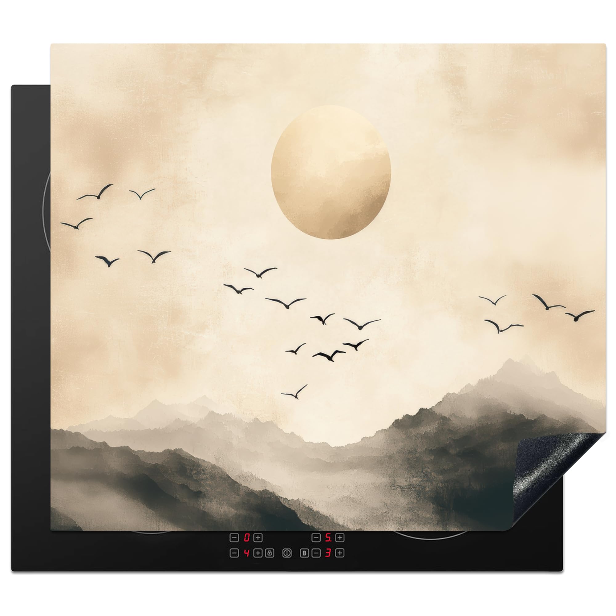 KitchenYeah© Induction Hob Protector Mat 20.5"x23.2" / 59x52 cm Stove Cap Top Cover Kitchen Cooker Covers for Electric Hobs Vinyl Landscape - Japandi - Bird — image 1