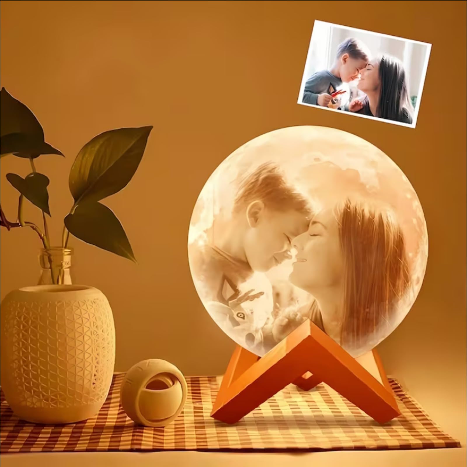 IEK Custom Moon Light with 3D Photo and Text,USB Charging ​Touch Moon Night Light,Custom Photo 3D Moon Lamp Personalised Stand,Birthday,Thanksgiving,Christmas,Mothers Day Gifts (Tricolor,10cm)
