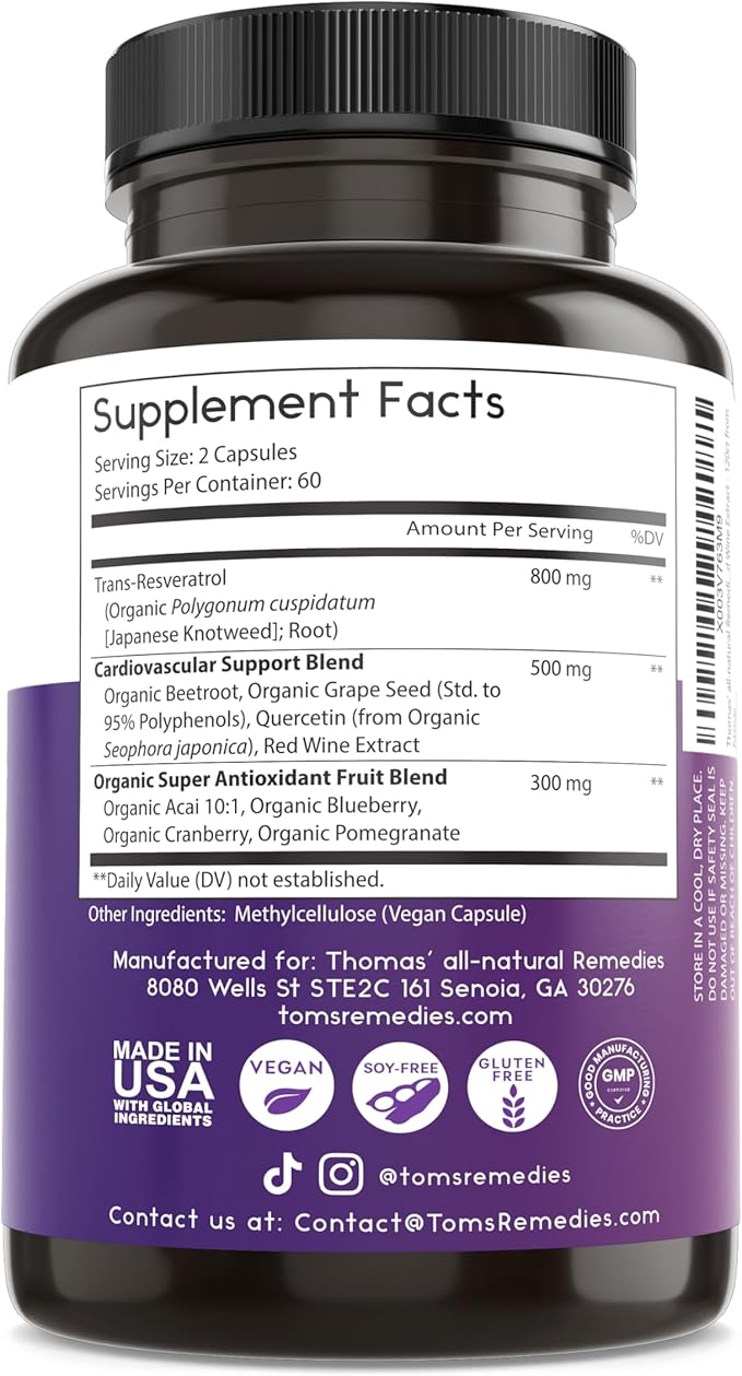 Thomas' all-natural Remedies Resveratrol 1600mg Organic Trans-Resveratrol Antioxidant Supplement with Organic Grape Seed Extract and Quercetin- Anti-Aging and Cardiovascular Support- 120 Capsules