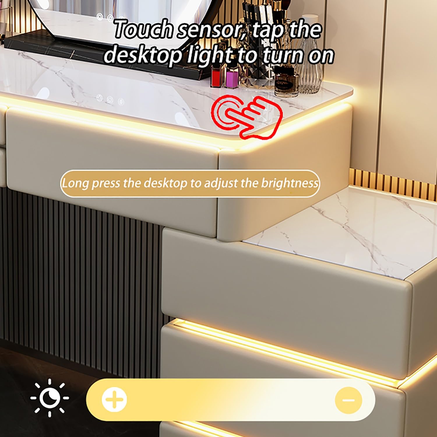 Tavolo da trucco illuminato a LED con specchio per camera da letto e studio, elegante tavolo da toeletta con luci (120 x 40 x 60 cm), design moderno, perfetto per gli amanti del trucco