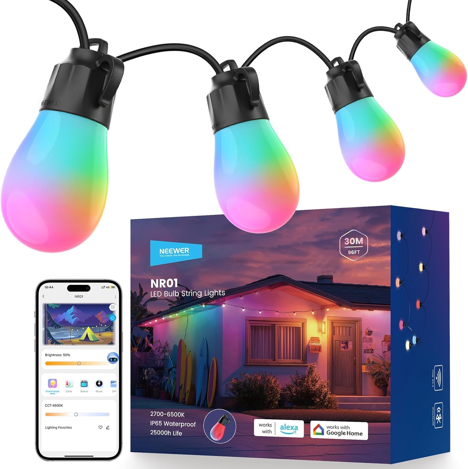 NEEWER Catena Luminosa per Esterni 30m, Controllo App Smart AI RGB IC W, Bianco Caldo IP65 Impermeabili Luci Giardino Patio Balcone, 30 Lampadine LED/50+ Scene, Compatibile con Alexa Google, NR01