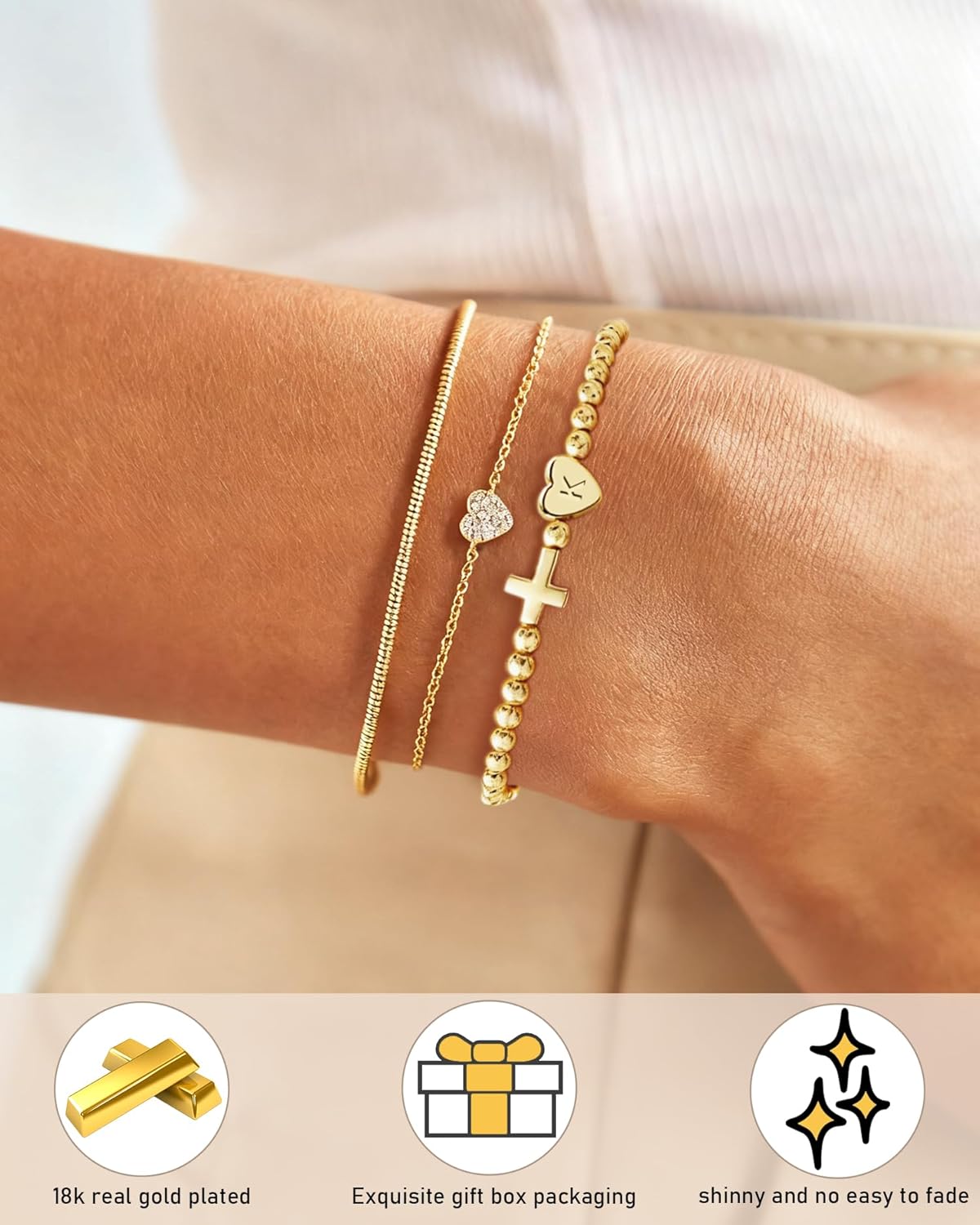 TLY Cross Bracelets for Women Initial Beaded Stretch Elastic Heart Bracelet 14K Gold Plated Dainty Trendy Friendship Bracelets Stack Stocking Stuffers for Women Teens A-Z Letter Charm Bracelet Valentines Day Jewelry gifts - Image 3